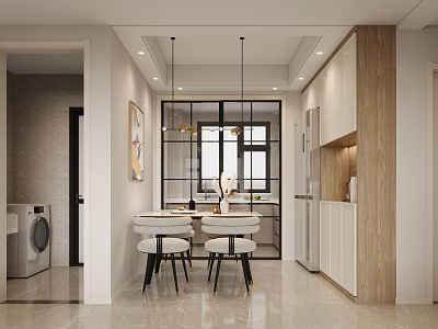 Modern Dining Living Room Interior With Pendant Lights Dining Table And Wooden Cabinets 3d model