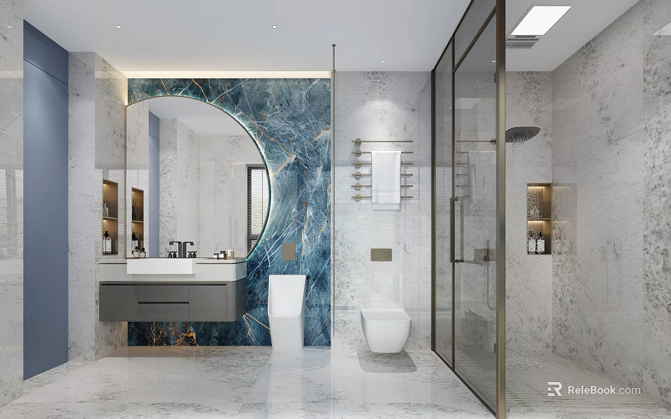 Elegant Modern Marble Bathroom Interior With Large Round Mirror And Framed Glass Shower Enclosure 3d model 
