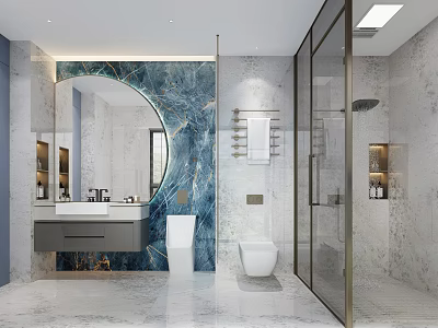 Elegant Modern Marble Bathroom Interior With Large Round Mirror And Framed Glass Shower Enclosure 3d model
