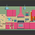 Pink And White Kitchen Interior Design With Pendant Lights Hanging Utensils And Table Chairs