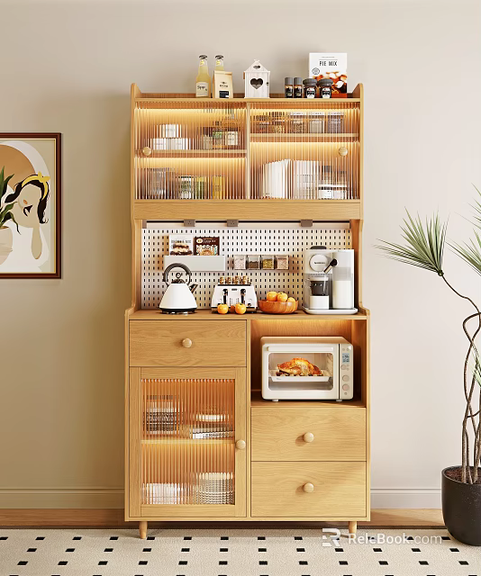 Light Wooden Sideboard Design With Pegboard Shelves Coffee Machine Kettle Fruits Microwave And Potted Plant 3d model 