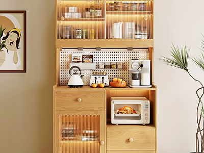 Light Wooden Sideboard Design With Pegboard Shelves Coffee Machine Kettle Fruits Microwave And Potted Plant 3d model