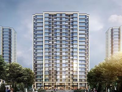 Modern High Rise Residential Building With Glass Windows And Surrounding Trees 3d model