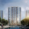Modern High Rise Residential Building With Glass Windows And Surrounding Trees