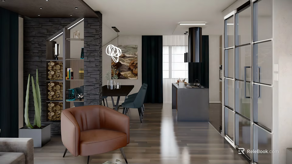Modern Restaurant Interior Design Featuring Leather Chair Dining Table Stone Wall And Pendant Lights 3d model 