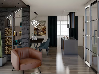Modern Restaurant Interior Design Featuring Leather Chair Dining Table Stone Wall And Pendant Lights 3d model