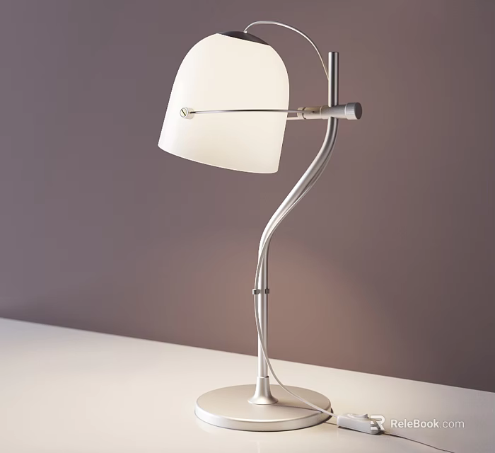 Modern Table Lamp With White Shade Curved Metal Arm And Round Base On Desk 3d model 