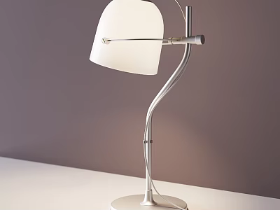 Modern Table Lamp With White Shade Curved Metal Arm And Round Base On Desk 3d model