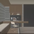 Modern Bay Window Interior With Wooden Desk Chair And Decorative Shelves