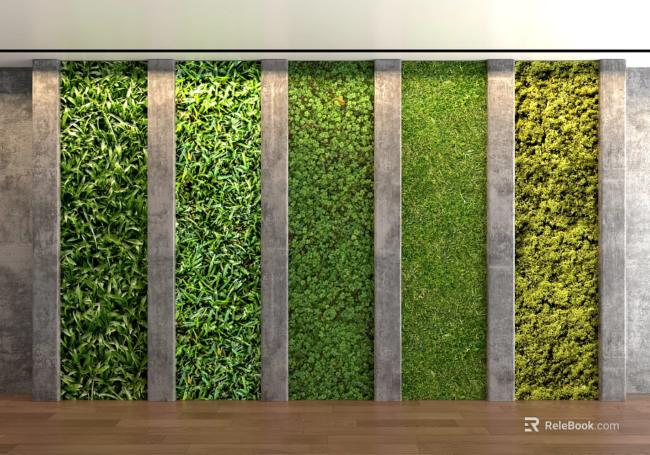 Green Living Wall Design With Concrete Panels And Various Green Plants In Modern Interior 3d model 