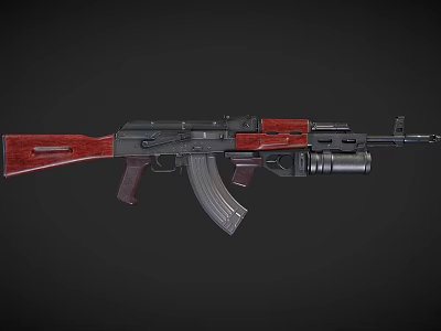 AK Assault Rifle with Wooden Stock Handguard Black Metal Body and Magazine 3d model