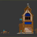 Cartoon Scenery Wooden House With Blue Roof Chimney Balcony And Outdoor Tables Chairs