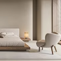 Modern Neutral Tones Bedroom Interior With Large Bed Pillows Bedside Lamp Armchair And Area Rug