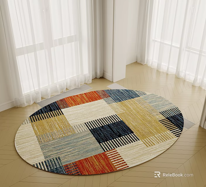 Round Colorful Patchwork Area Rug In Room With Windows 3d model