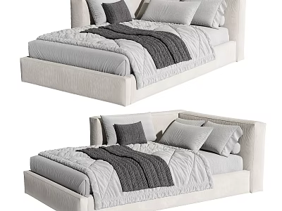 Modern Single Bed Design Featuring Upholstered Headboard And Cozy Gray White Linen Bedding 3d model