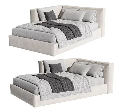 Modern Single Bed Design Featuring Upholstered Headboard And Cozy Gray White Linen Bedding 3d model