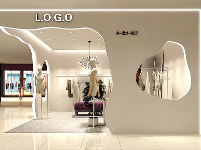 Modern Clothing Store Interior With White Decor Chandelier Clothing Racks Mannequin And Purple Sofa 3d model
