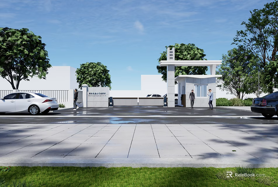 Modern White Entrance Gate With Trees And Cars Near Building Access Area 3d model 