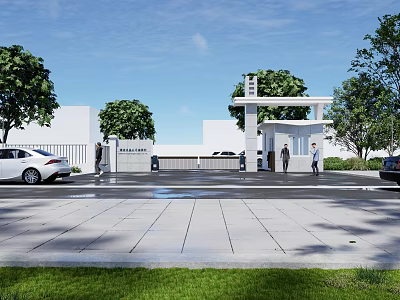 Modern White Entrance Gate With Trees And Cars Near Building Access Area 3d model