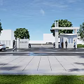 Modern White Entrance Gate With Trees And Cars Near Building Access Area