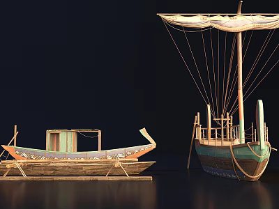 Two Vintage Wooden Boats With Decorative Cabin Sail Mast And Carved Details 3d model
