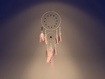 Dreamcatcher Decorative Pendant With Circular Frame Small Dots Green Bead Pink Feathers And White Tassels 3d model