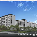 Modern Multi-story School Building Campus View with Green Trees Road and Vehicles
