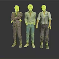 Three Men In Stylish Outfits Purple Suit Light Green Shirt And Striped Shirt