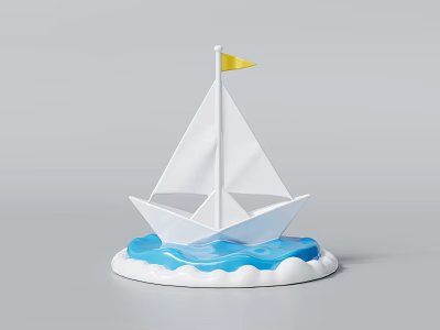 Landscape Sculpture Featuring Paper Boat With White Sail Yellow Flag And Blue Wave Base 3d model