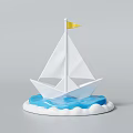 Landscape Sculpture Featuring Paper Boat With White Sail Yellow Flag And Blue Wave Base
