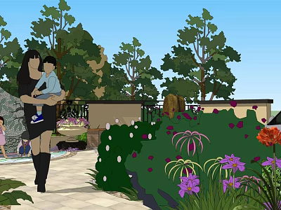 Family Friendly Garden Landscape With Lush Trees Colorful Flowers And Stone Pathway 3d model