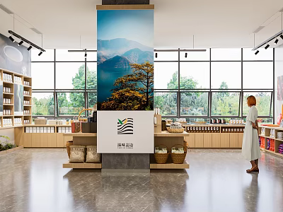 Bright Modern Exhibition Hall With Central Mountain Landscape Column Display Shelves And Green Plants 3d model