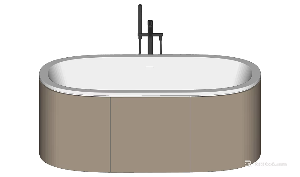 Modern Oval Bathtub Design With White Surface Brown Cabinet And Black Faucet 3d model 