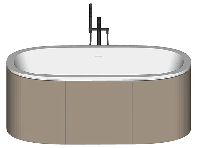 Modern Oval Bathtub Design With White Surface Brown Cabinet And Black Faucet 3d model