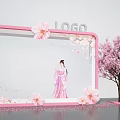 Cherry Blossom Themed Photo Check In Spot With Pink Frame Traditional Costume And Falling Petals
