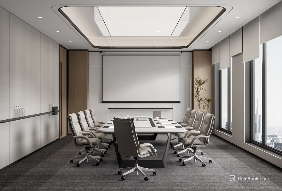 Modern Conference Room Interior With Long Meeting Table Office Chairs And Projection Screen 3d model 