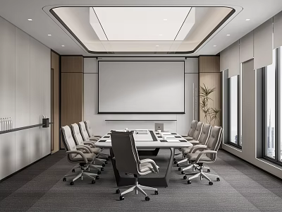 Modern Conference Room Interior With Long Meeting Table Office Chairs And Projection Screen 3d model
