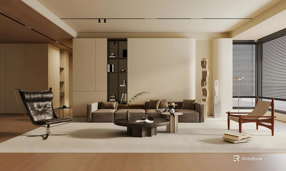 Modern Living Dining Room Interior With Beige Sofa Coffee Table And Leather Armchair 3d model 