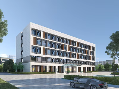 Modern Office Building Exterior With White Facade Dark Windows Greenery And Parking 3d model