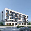 Modern Office Building Exterior With White Facade Dark Windows Greenery And Parking