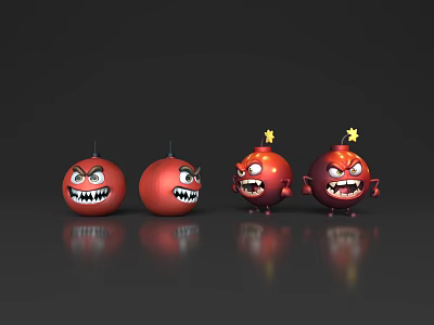 Red Angry Cartoon Bombs As Weapons With Four Spiked Bodies And Star Decorations 3d model Red Angry Cartoon Bombs As Weapons With Four Spiked Bodies And Star Decorations 3d model