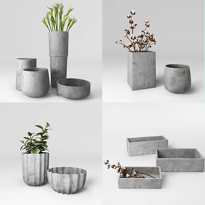 Concrete Vases In Various Shapes With Green Plants And Dried Branches 3d model
