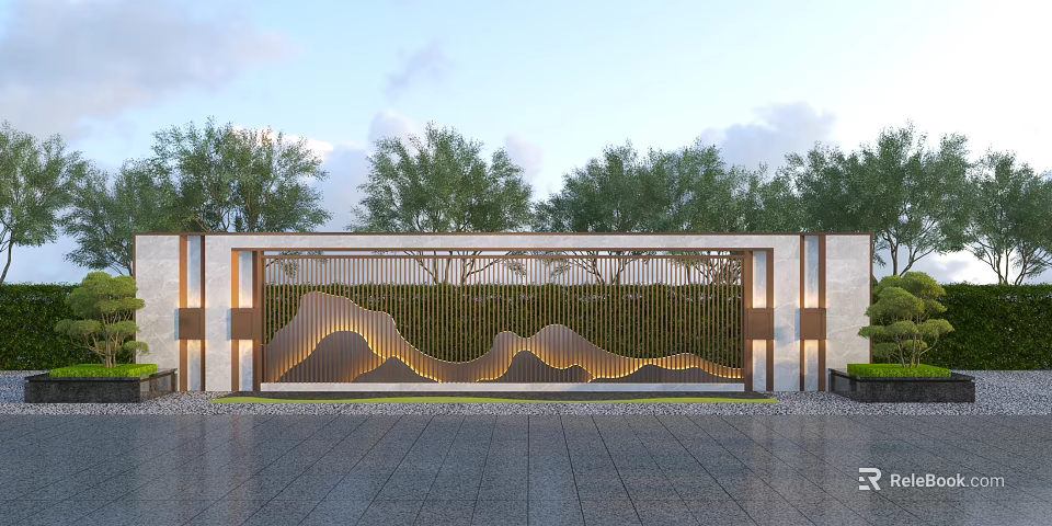 Modern Scenic Wall Design With Metal Grille Mountain Pattern Warm Lighting And Green Plants Background 3d model 