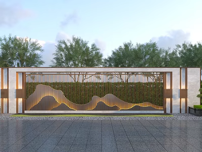 Modern Scenic Wall Design With Metal Grille Mountain Pattern Warm Lighting And Green Plants Background 3d model