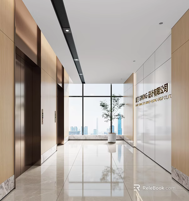 Modern Elevator Hallway With Sleek Doors Spacious Layout Floor to Ceiling Windows and Potted Plant 3d model 