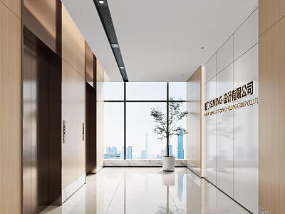 Modern Elevator Hallway With Sleek Doors Spacious Layout Floor to Ceiling Windows and Potted Plant 3d model