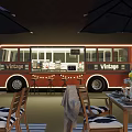 Vintage Food Truck Restaurant With Outdoor Seating Tables Chairs And Umbrella
