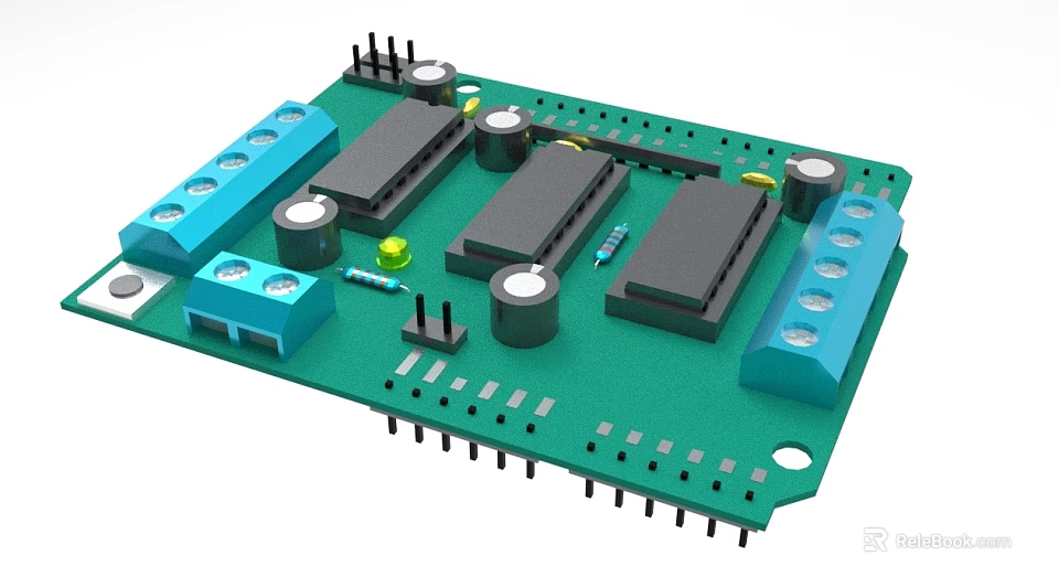 Industrial Equipment Circuit Board Featuring Green Substrate Black Modules Blue Connectors And Silver Capacitors 3d model 