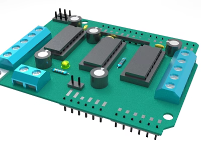 Industrial Equipment Circuit Board Featuring Green Substrate Black Modules Blue Connectors And Silver Capacitors 3d model