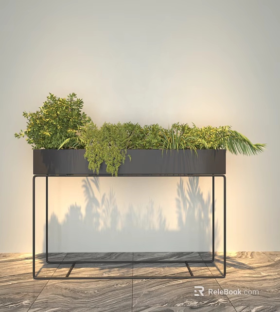Potted Bonsai Plants In Modern Long Rectangular Planter With Black Metal Stand 3d model